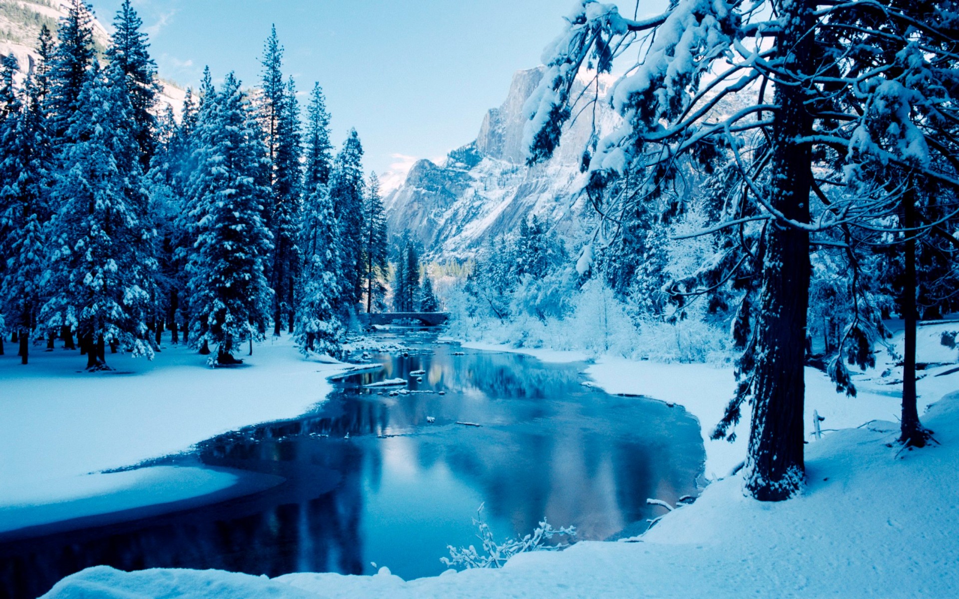 hiver rivière glace montagnes arbres