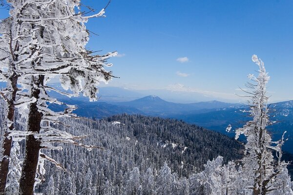 Snow fell in the mountains and the weather was clear