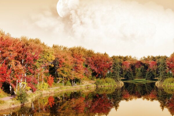 Énorme lune sur le lac