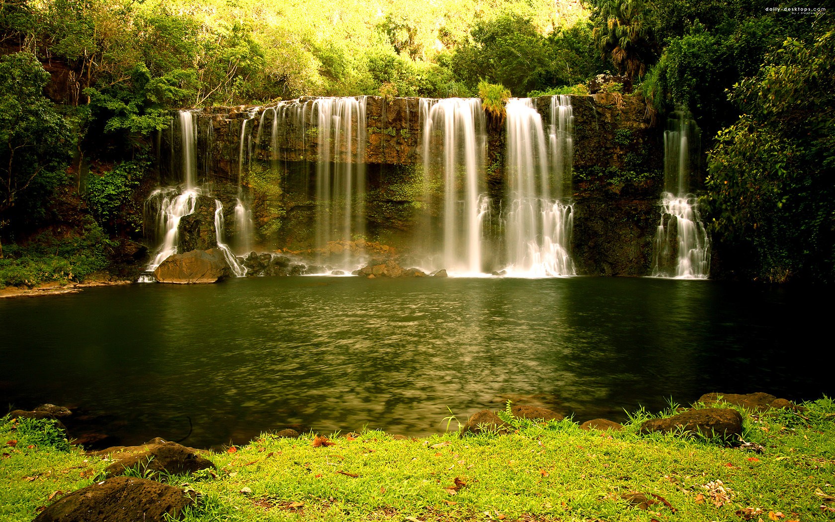 cascada lago hierba verano