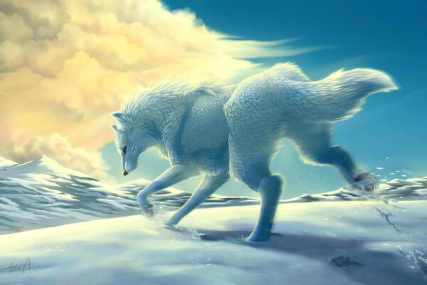 Art White Wolf corre sulla neve bianca