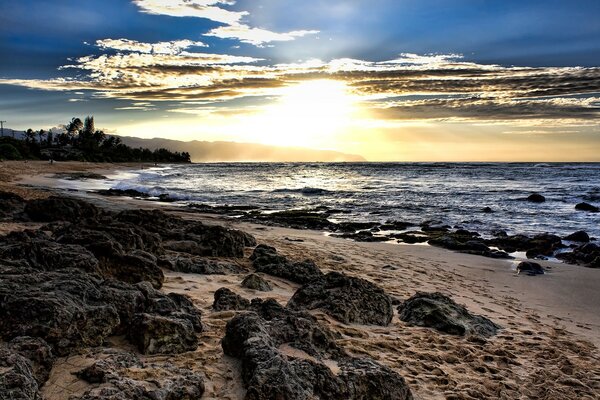 An unusual sunset on the seashore