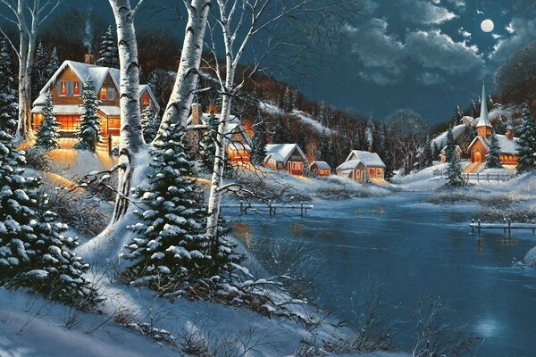 Winter. village. frozen river