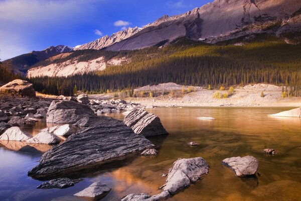 Montañas canadienses con vegetación y cuerpos de agua en primer plano