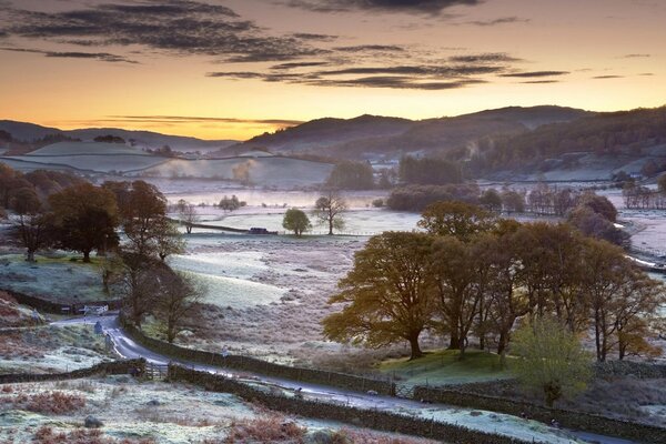 Early morning with frost on the ground