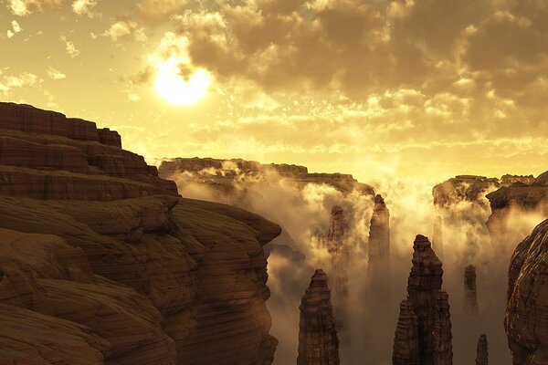 Ein düsterer Morgen in einem nebligen Canyon