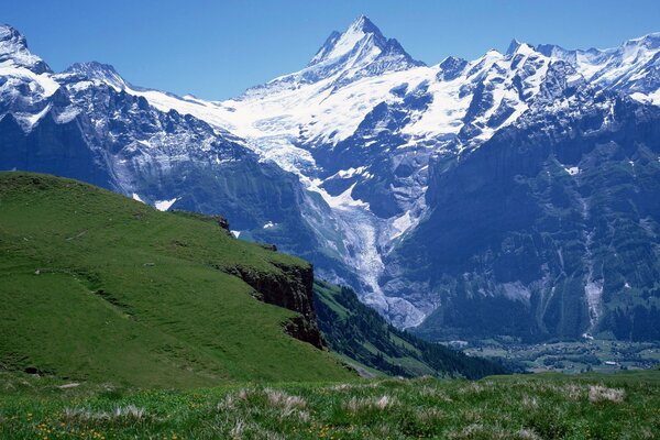 Grüne Klippe vor dem Hintergrund der schneebedeckten Berge