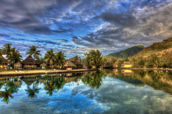 Reflection of palm trees and clouds in the river