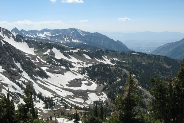 Montañas cubiertas de nieve y bosques al pie de América