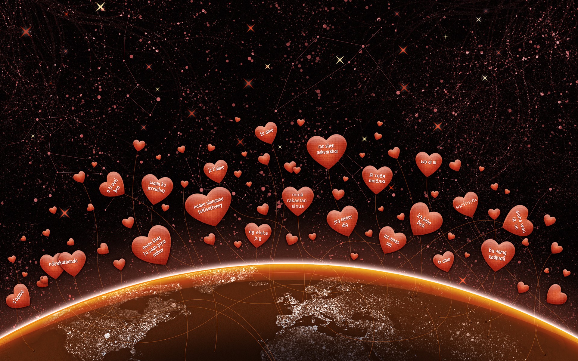 corazones te amo tierra continentes letras planeta mundo estrellas día de san valentín día ow