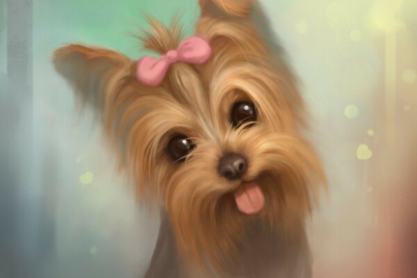 Cucciolo di Yorkie carino con la lingua fuori