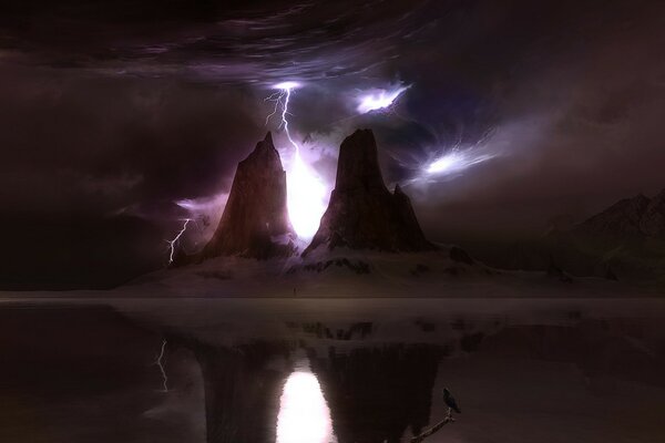 Reflection of lightning in the mountains