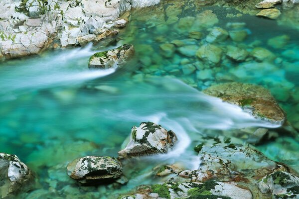 Fuerte corriente fluvial cerca de las piedras