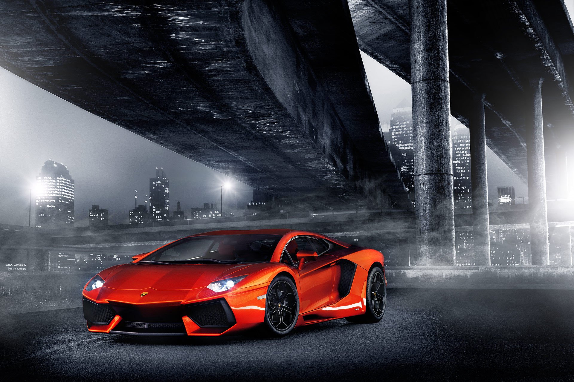 lamborghini aventador lp700-4 naranja lamborghini aventador faros de luz ciudad noche luces puente colones