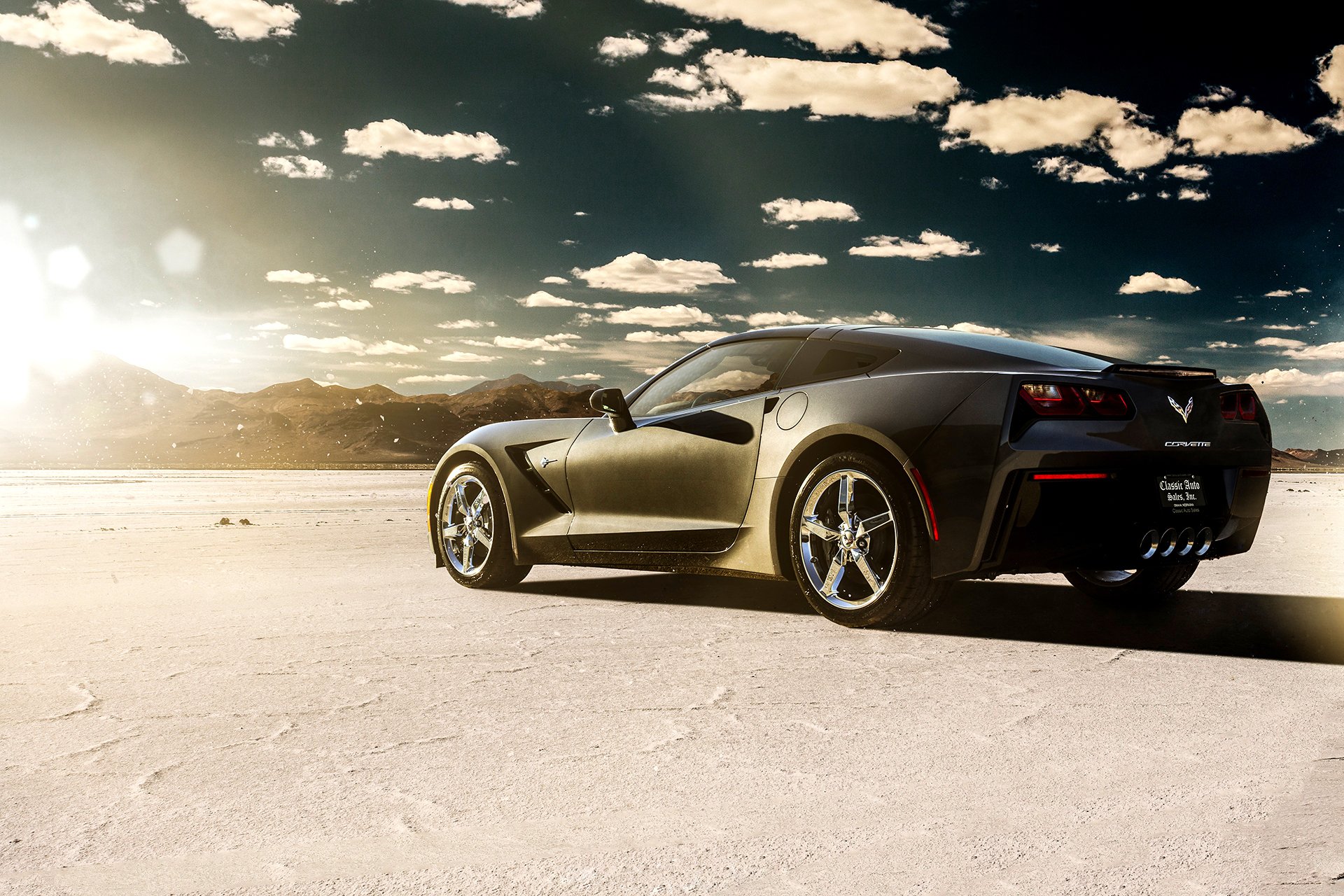 chevrolet corvette stingray car black rear c7 lake desert