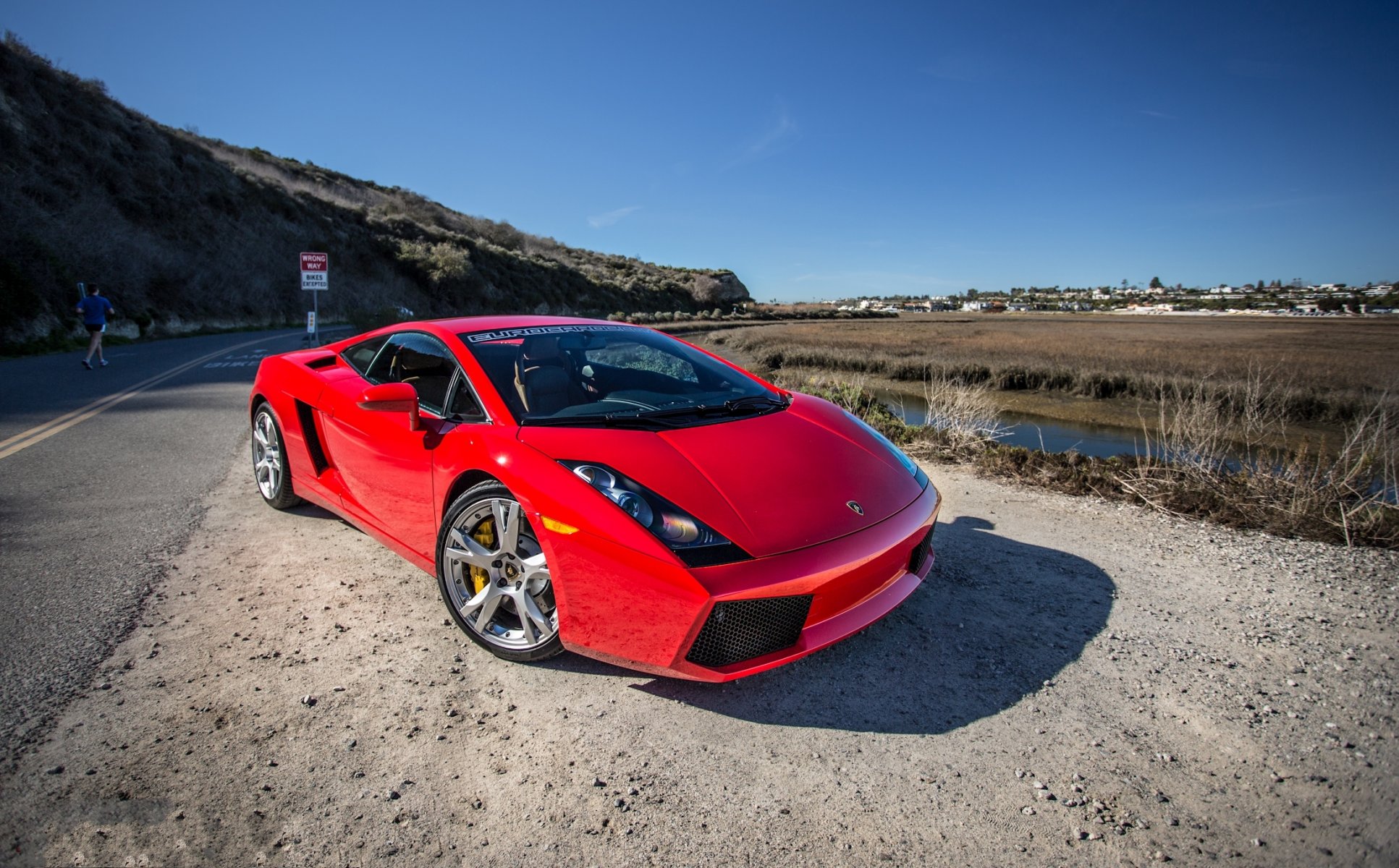 lamborghini gallardo lp540-4 red lamborghini gallardo red front view shadow road marking road sign