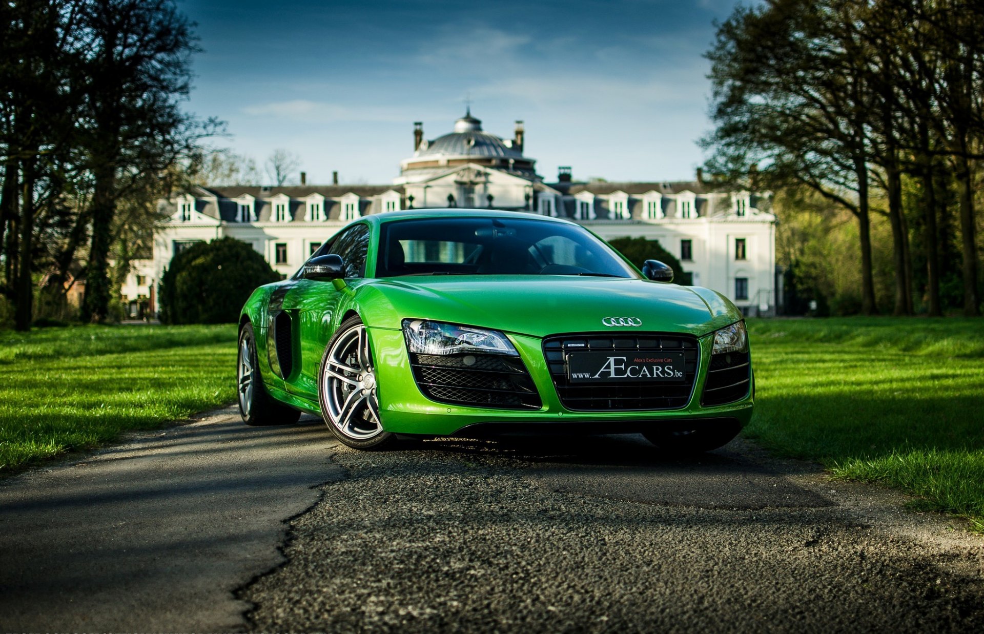 audi r8 green audi house sky tree