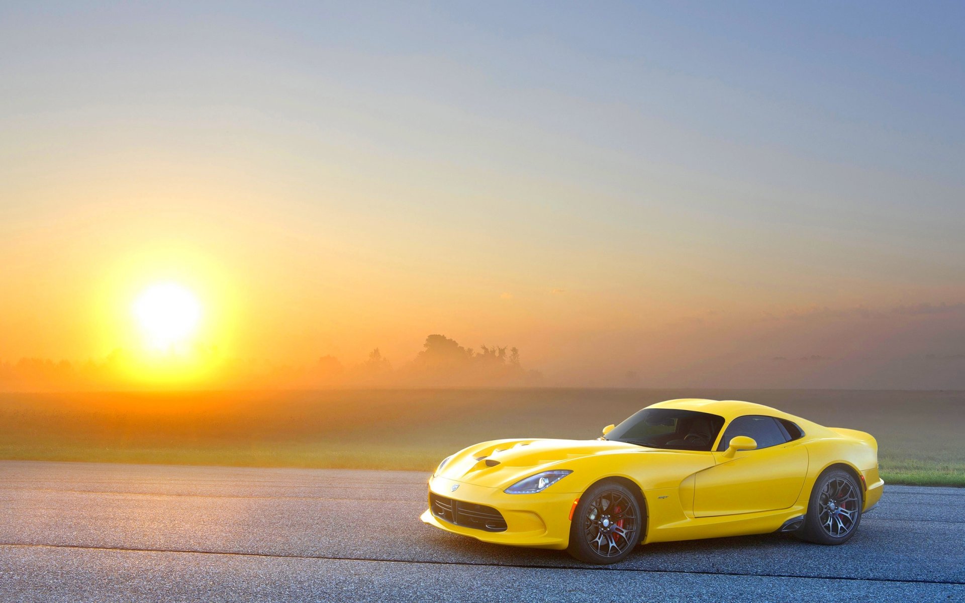 dodge hundred viper gts viper yellow sun sky sunset asphalt