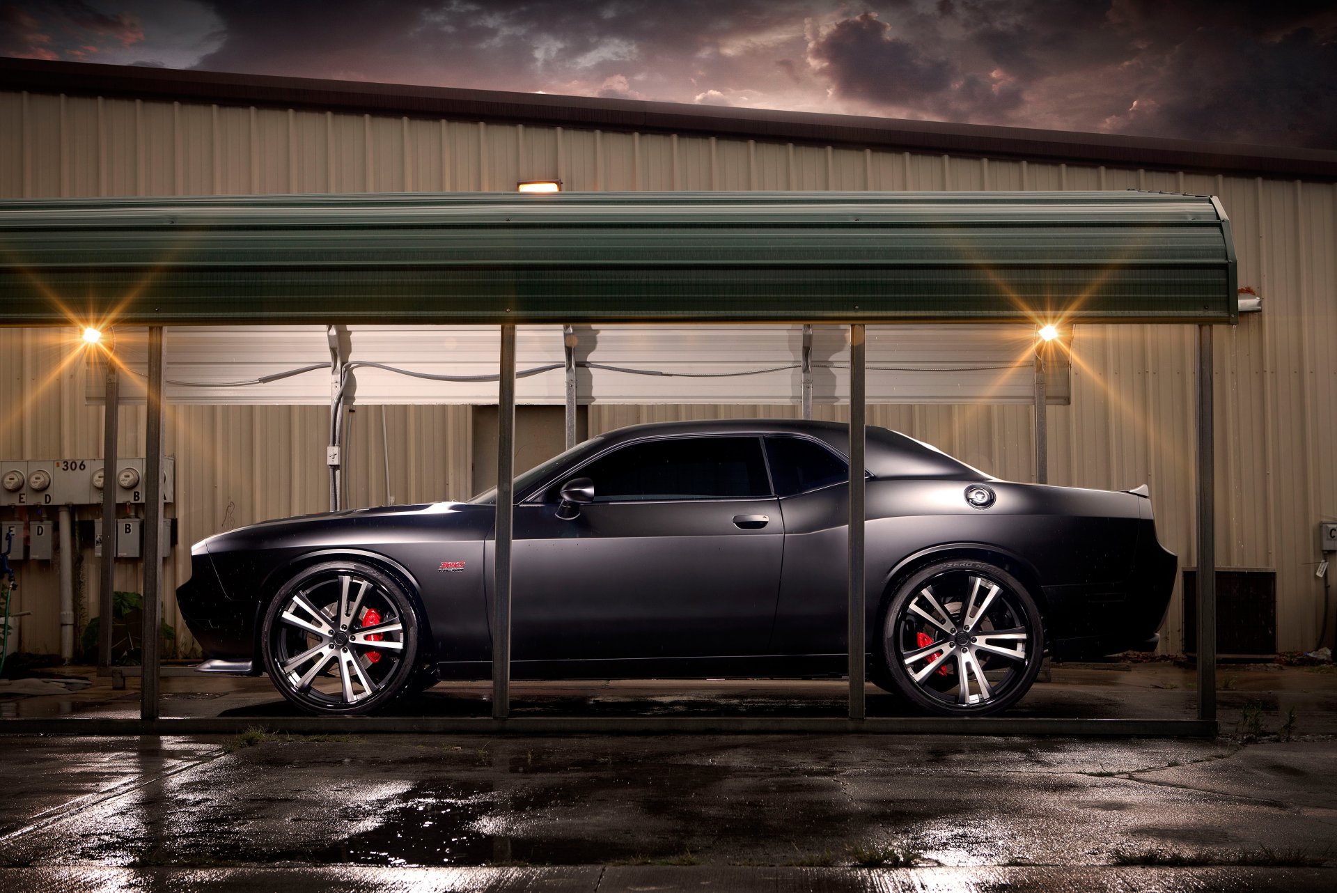 dodge challenger car machinery tuning night sky clouds garage