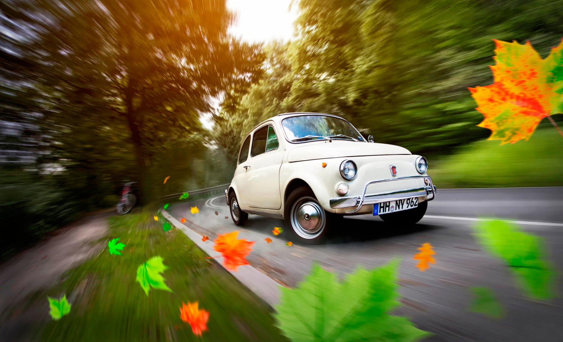 coche fiat 500 carretera hojas otoño alemania hamburgo