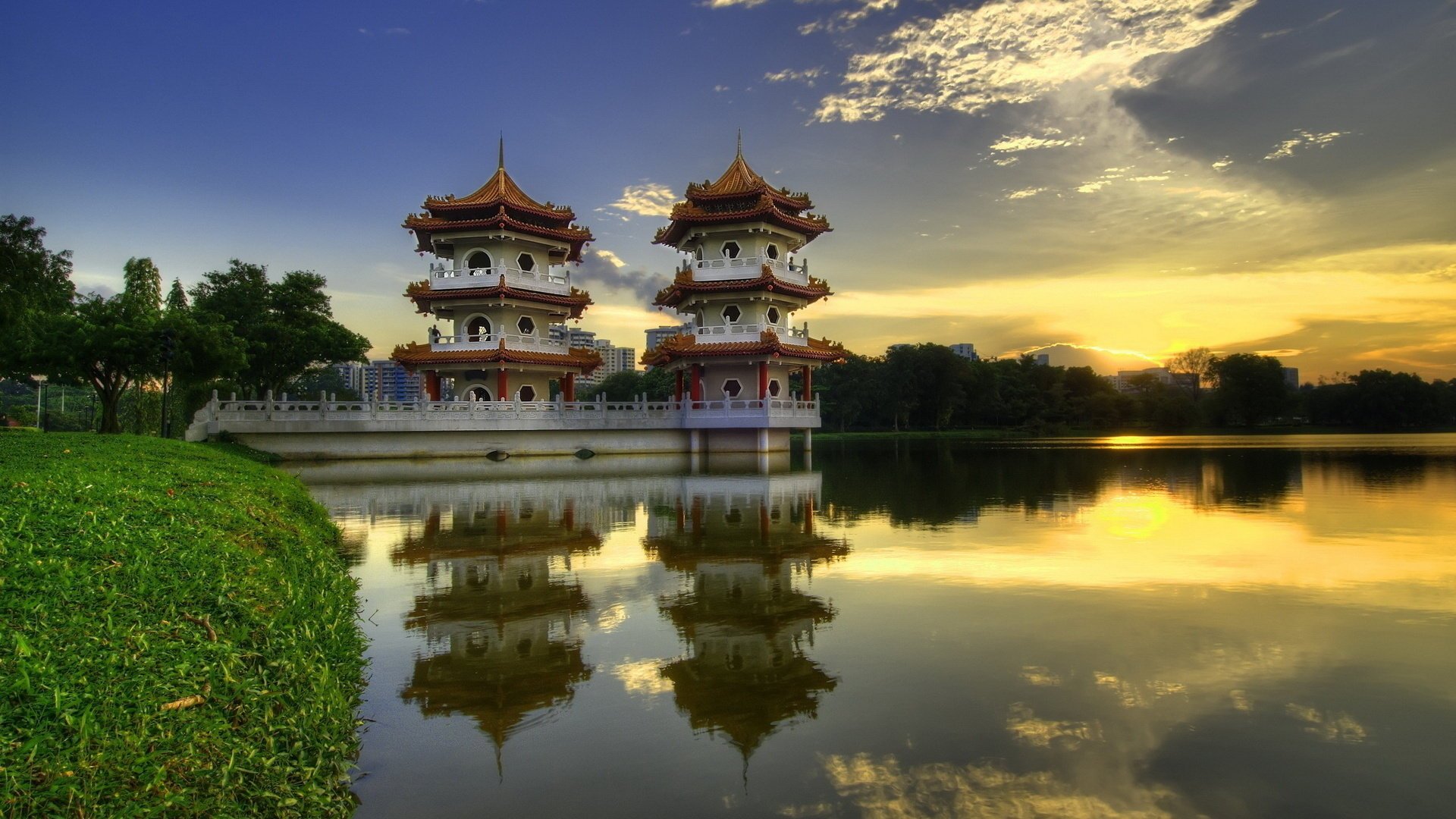 china pagoda summer lake the evening