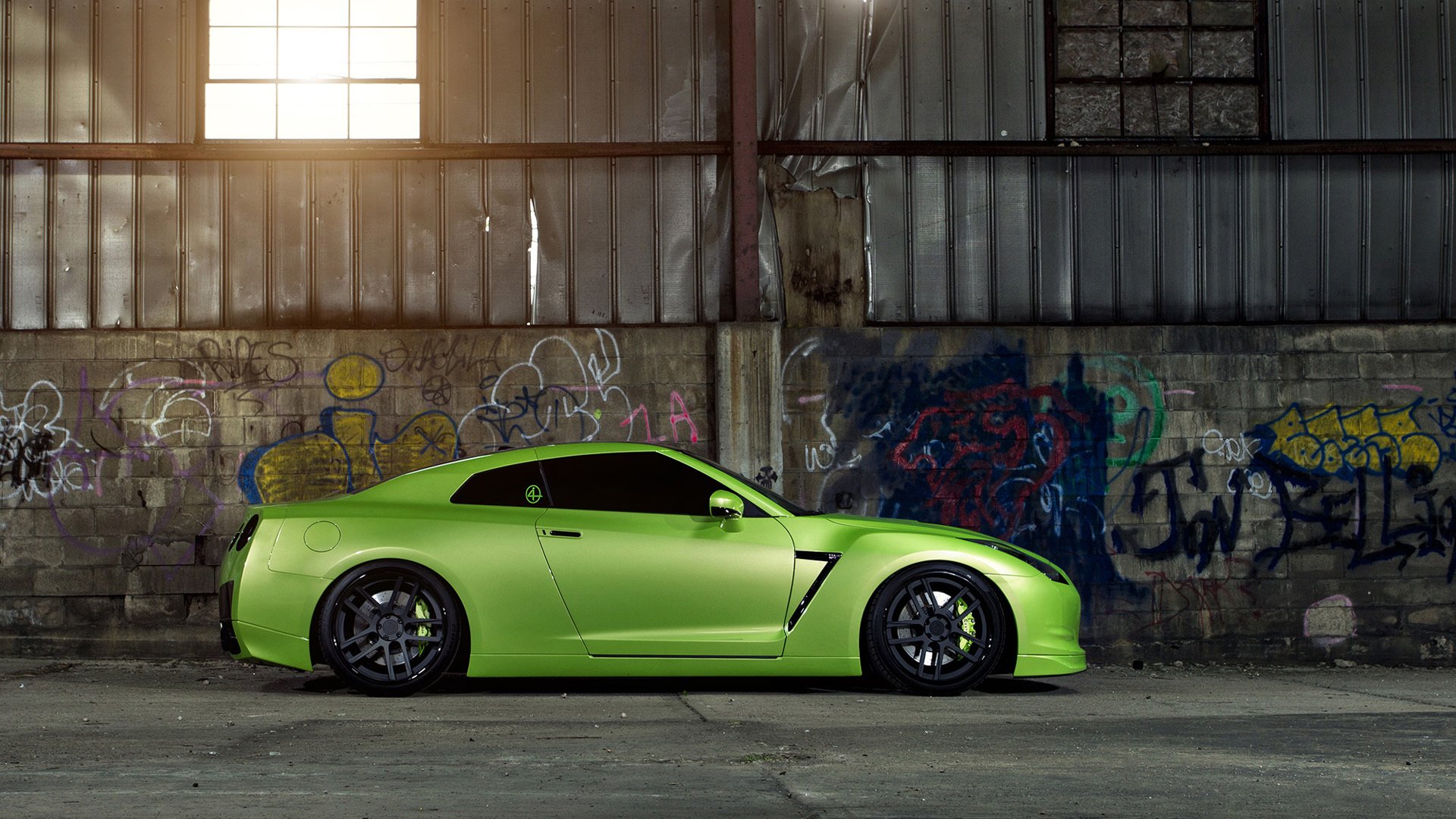 nissan gt-r tuning green wheels garage window graphity