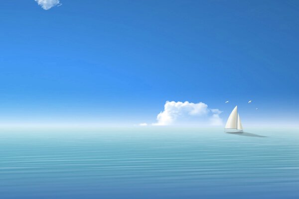 White sailboat on the blue sea