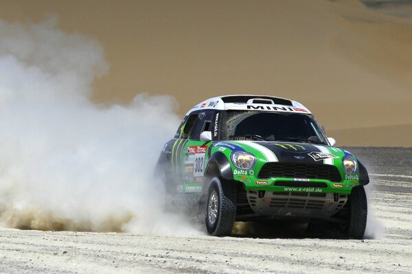 Green mini cooper car in the dust participating in the rally