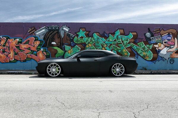 Photo set for a sports car on the background of graffiti