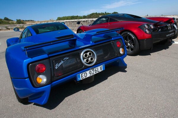 Rear view of two red and blue supercars