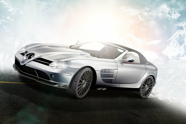 Silver Mercedes-benz roadster on the background of clouds