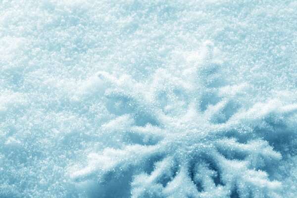 A large shimmering snowflake lies on the snow