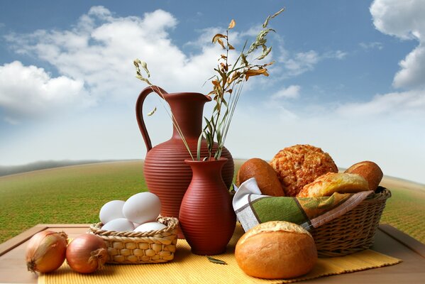 Bread onion eggs pitcher for food on the field