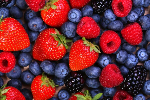 Dispersion de bleuets, fraises, framboises, mûres