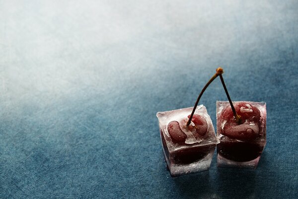 Cherry in ice on a white-blue background