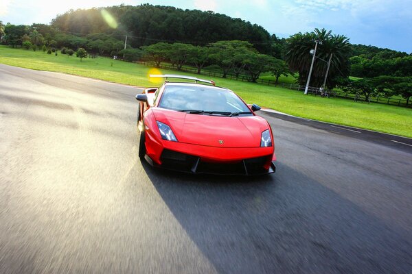 Red Lamborghini at high speed