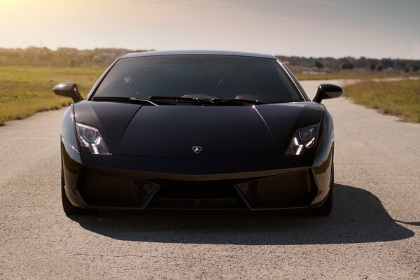 Schwarzes Lamborghini-Auto auf dem Hintergrund von Gras und Straße