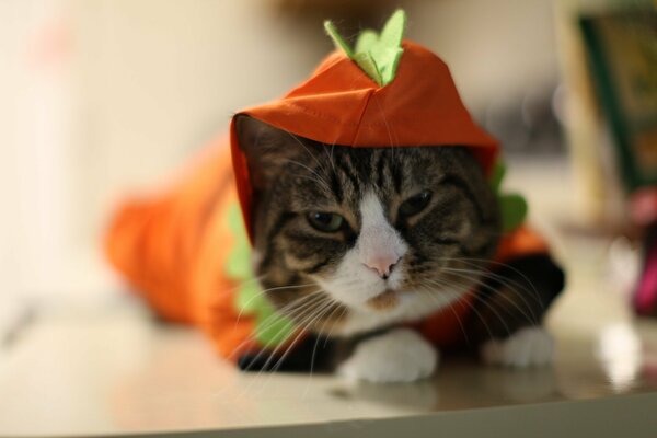 Bella foto di un gatto. Gatto vestito da carota