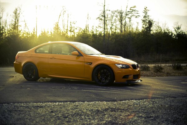 Orange BMW Seitenansicht auf Wald Hintergrund