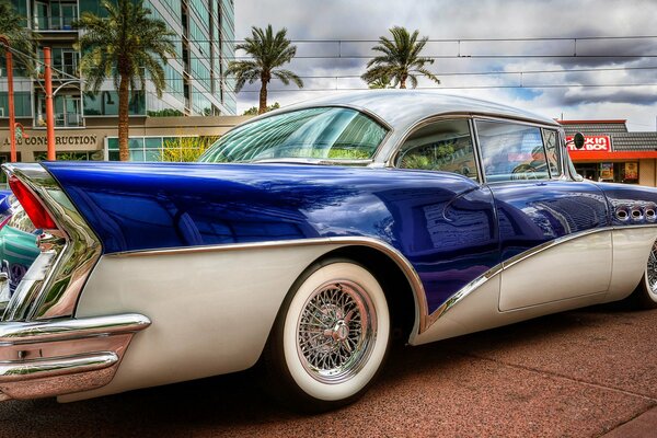 A blue and white buick stands on a street with palm trees