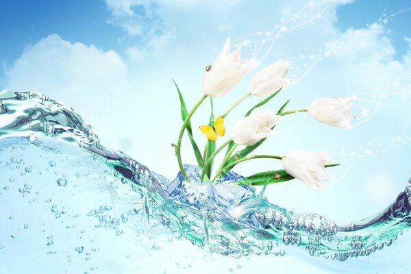 Flowers in crystal clear water shrouded in ice and butterfly