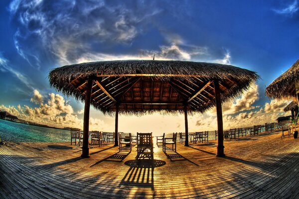 Chairs under a canopy on the seashore