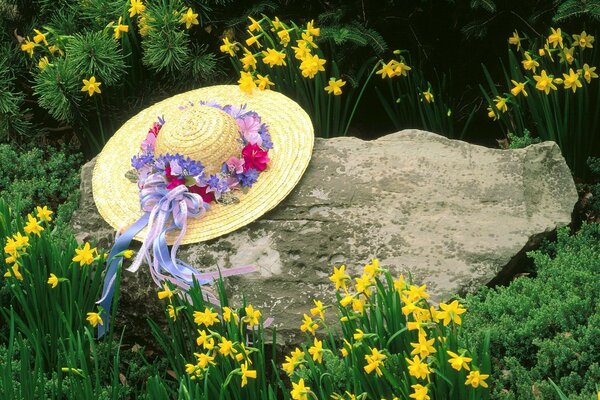 Tout est combiné et pierre et chapeau et fleurs