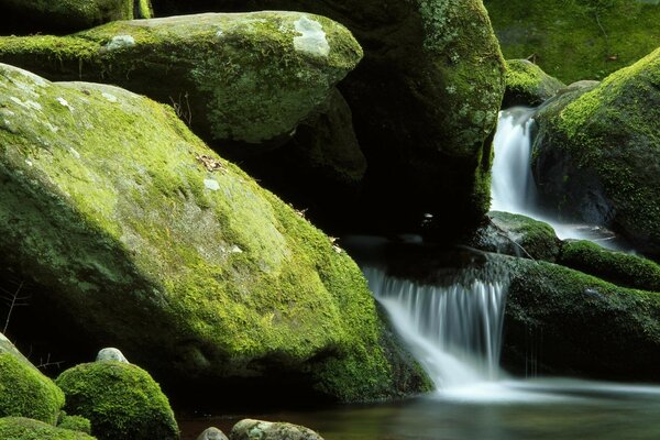 Waterfall with stones with moss