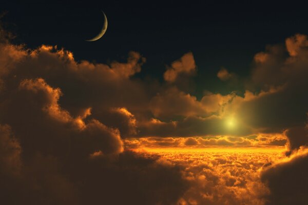 Sun clouds and moon in the sky