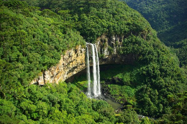 Cascada en las montañas con un fondo de vegetación brillante