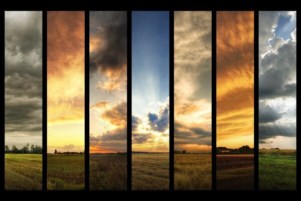 Stripes with clouds over the field at different times of the day