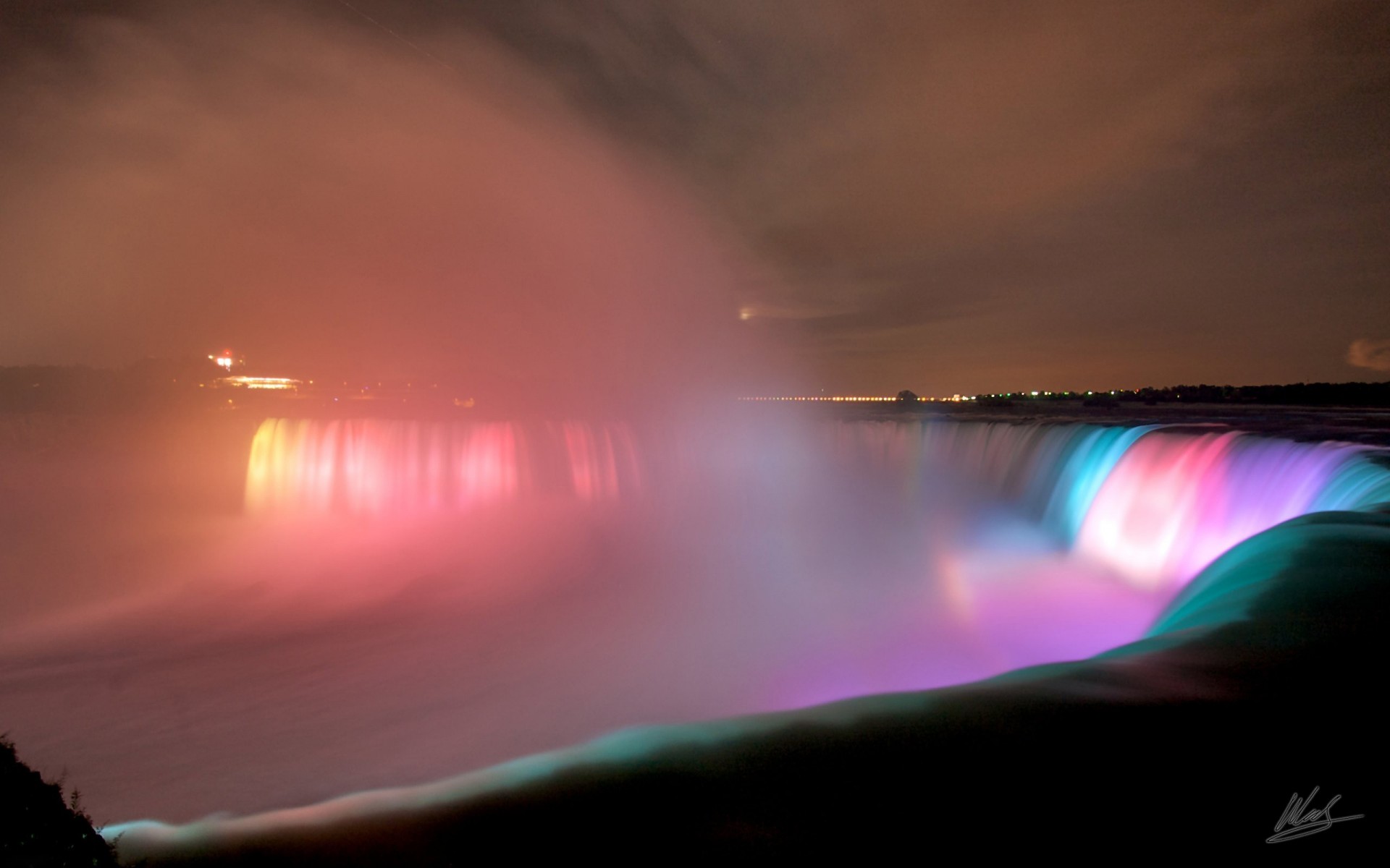 wodospad niagara podświetlenie światła noc woda miasto