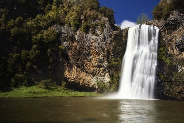 In New Zealand, a falling waterfall