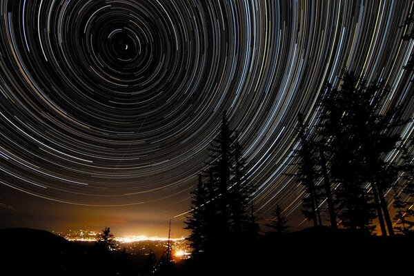 Spirales sur fond de ciel et arbres de nuit